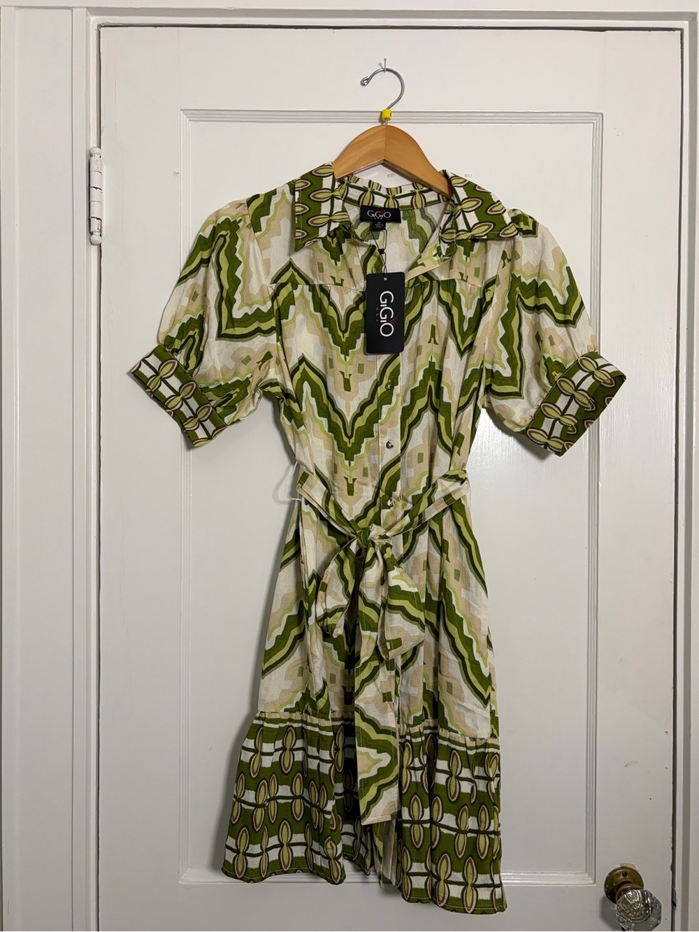 GGIO Green Geometric Midi Shirt Dress with Tie Waist